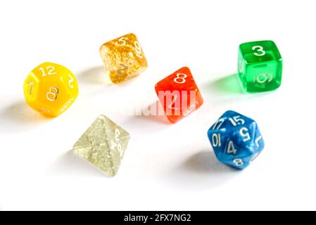 Special colorful dices group for role playing games. Stock Photo