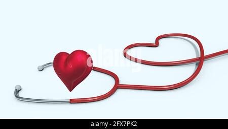Composition of red heart and stethoscope with copy space on white ...