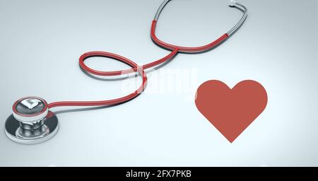 Composition of red heart and stethoscope with copy space on white ...