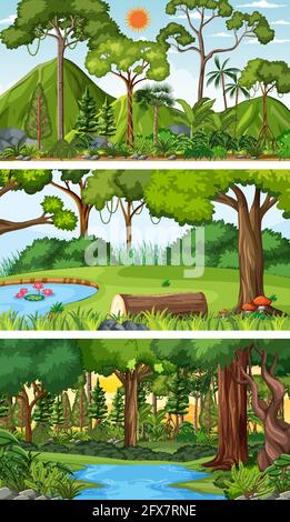 Three different nature horizontal scenes illustration Stock Vector