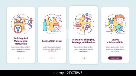 Addiction recovery steps methods onboarding mobile app page screen with concepts Stock Vector