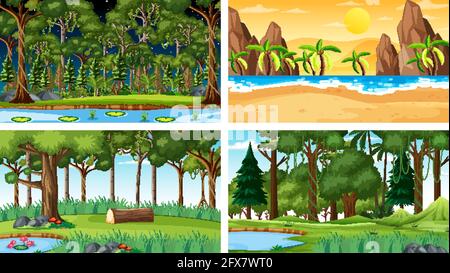 Four different nature horizontal scenes illustration Stock Vector