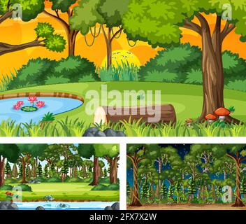 Set of different forest horizontal scenes illustration Stock Vector