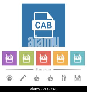 CAB file format flat white icons in square backgrounds. 6 bonus icons included. Stock Vector
