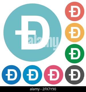 Dogecoin digital cryptocurrency flat white icons on round color backgrounds Stock Vector