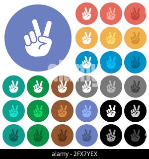 Victory sign hand gesture multi colored flat icons on round backgrounds. Included white, light and dark icon variations for hover and active status ef Stock Vector