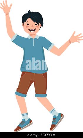 Boy with black hair, face in a shirt, shorts and sneakers smile. Happy kid spread his arms, hugs, dancing. A teenager in casual summer clothes Stock Vector