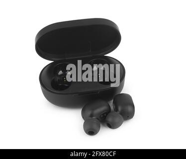 Black wireless headphones isolated on white background Stock Photo