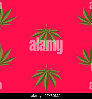 Seamless Pattern Medicinal cannabis. Medical marijuana, cannabinoids and health. Red background.Vector Stock Vector