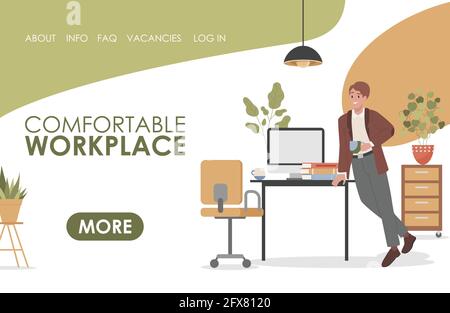 Comfortable workplace vector flat landing page template with text space. Happy smiling young man in office clothes standing near desk with documents and computer and holding cup of coffee. Stock Vector