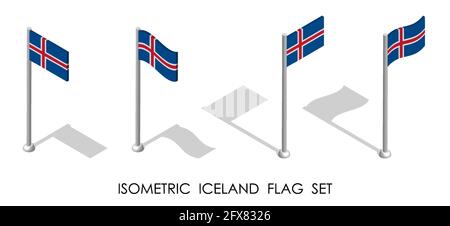 isometric Iceland flag in static position and in motion on flagpole. 3d vector Stock Vector