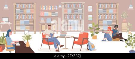 Modern library interior design with shelves and racks with books. People sitting in comfortable armchairs and reading books, studying, working on computer at public library vector flat illustration. Stock Vector
