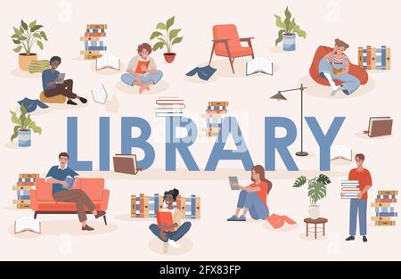 Library word vector flat poster design with text space. Happy smiling people sitting in comfortable poses and studying, working, and reading books. Men and women learning, reading literature. Stock Vector