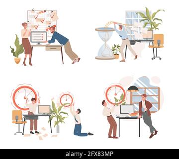 Deadline and workflow organization vector flat illustration. People discussing their projects, planning work, working overtime to get the job done on time. Productivity, work optimization concept. Stock Vector
