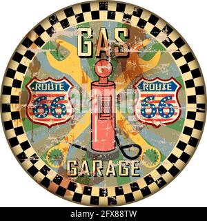 Vintage route 66 garage workshop and gas station sign, grungy and weathered style, vector illustration Stock Vector