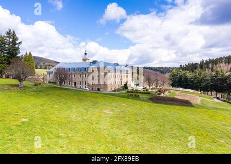 France, Ardeche, Monts d'Ardeche Regional Natural Park, Saint Laurent les Bains Laval d'Aurelle, Notre Dame des Neiges abbey (aerial view) // France, Stock Photo