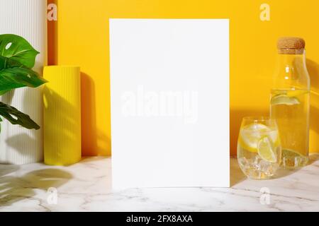 Mockup restaurant menu, summer drinks, plant shadow, orange background Stock Photo