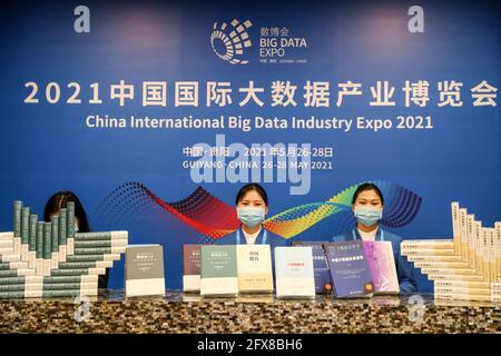 (210526) -- GUIYANG, May 26, 2021 (Xinhua) -- Data-related publications are displayed at the China International Big Data Industry Expo 2021 in Guiyang, southwest China's Guizhou Province, May 26, 2021. The China International Big Data Industry Expo 2021 opened here on Wednesday, showcasing cutting-edge scientific and technological innovations and achievements in the relevant area. Under the theme 'Embrace digital intelligence, Deliver new development,' this year's expo is scheduled both online and offline. The expo will witness six high-level dialogues to discuss topics such as data securit Stock Photo