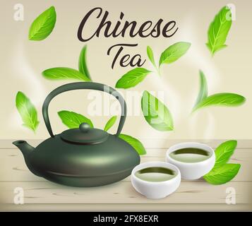 Chinese cast iron teapot and 2 cups for the tea ceremony, vector illustration.. Stock Vector