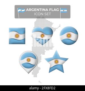 Argentina flag icons set in the shape of square, heart, circle, stars and pointer, map marker. Mosaic map of argentina. Waving in the wind. Paper cut. Stock Vector