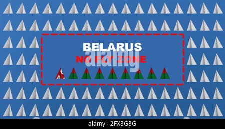 Inscription Belarus no fly zone on blue background with paper airplanes concept 3d rendering Stock Photo