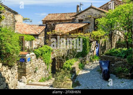 France, Ardeche, Cevennes National Park, Monts d'Ardeche Regional Natural Park, Les Vans, Naves village, alley and typical houses // France, Ardèche ( Stock Photo