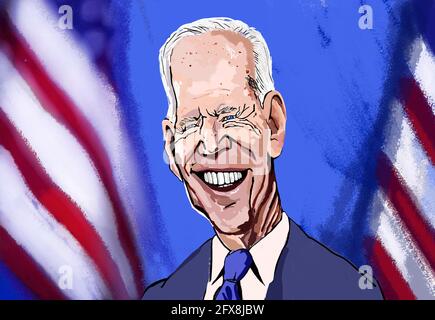 May 25th 2021 : caricature of Joe Biden in pen marker and pastel painting , the president of the United States of America in front of bars and stars U Stock Photo