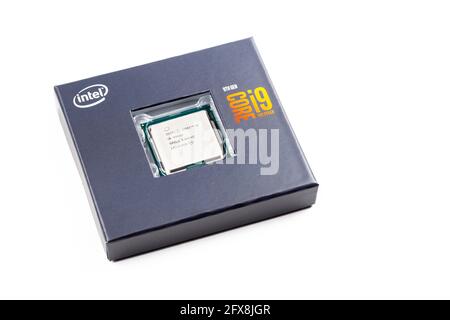 9th generation Intel Core i9 9900k 8 core x86 desktop microprocessor, CPU, unlocked i9-9900k high end pc processor box package, isolated on white, cut Stock Photo