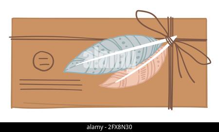 Vintage envelope tied with thread and feathers Stock Vector