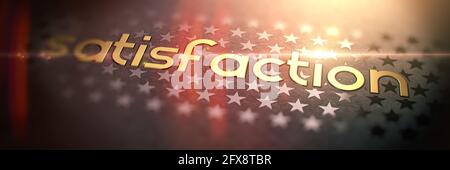 satisfaction - Luxury Gold Word on Blurred Dark Background with Stars. Shiny Golden Text in Rays and Sun Glare. 3D Render. Service Concept. Stock Photo