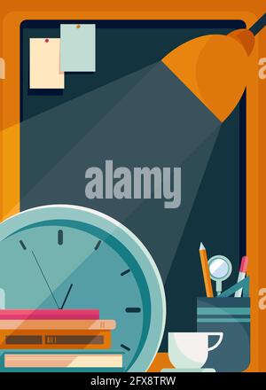 Poster template with board, table lamp and clock. School concept art. Stock Vector