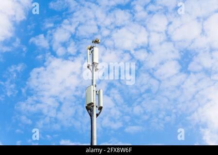 Cellular macro Base Transceiver Station. Telecommunication tower. Wireless Communication Antenna Transmitter. Development of communication systems in Stock Photo