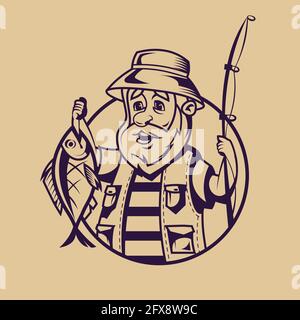 Fisherman with catch. Fishing concept art in monochrome style. Stock Vector