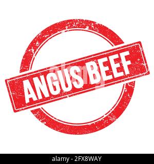 ANGUS BEEF text on red grungy round vintage stamp. Stock Photo