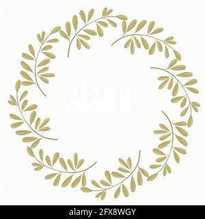Round wreath of branches with golden leaves, vector. Circular leafy frame. Hand drawing, line art. Stock Vector