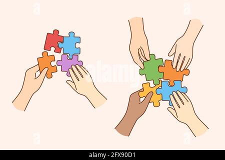 Teamwork, multi ethnic team, cooperation concept. Hands of multicultural people business partners workers colleagues firming whole puzzle of colorful pieces together meaning collaboration  Stock Vector