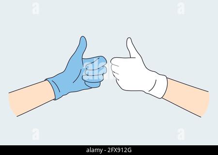 Positive emotions in gestures concept. Human hands in blue and white latex gloves showing thumb up sign vector illustration  Stock Vector