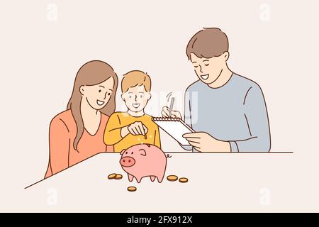 Family budget and saving money concept. Young positive family with child boy cartoon characters sitting and putting coins to pink piggybank to save earnings vector illustration  Stock Vector