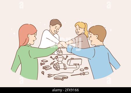 Happy children and games concept. Group of children friends cartoon characters playing together as team with robot shaking hands as union vector illustration  Stock Vector