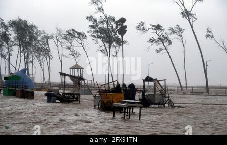 Kolkata, India. 26th May, 2021. Roads are flooded after cyclonic storm Yaas hit the seaside resort of Digha, near Kolkata, capital of the eastern Indian state of West Bengal, India, May 26, 2021. Five people were killed on Wednesday after cyclonic storm Yaas hit the coastal area of the eastern Indian states of West Bengal and Odisha, local media reported. Credit: Str/Xinhua/Alamy Live News Stock Photo