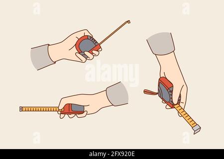 Measuring and making flat improvement concept. Caucasian male hands holding measuring tape ruler for renovating on grey background vector illustration  Stock Vector