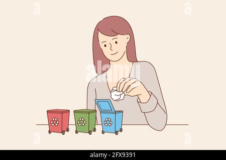 Environment, trash recycling, protecting earth concept. Smiling young woman cartoon character sitting sorting garbage putting to colorful bins supporting ecology vector illustration  Stock Vector