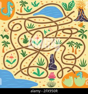 Help dinosaur find path to nest. Labyrinth. Maze game for kids. Help dino moms to find their eggs kid learning game with maze Stock Vector