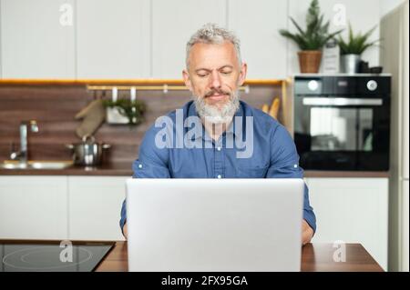 Concentrated serious mature grey-haired male entrepreneur using laptop sitting in the kitchen at home, confident senior good looking man sending emails, typing on the keyboard, working remoteyl Stock Photo