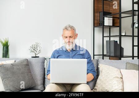 Middle-aged hipster man in smart casual shirt using laptop sitting on the couch at home, senior gray haired freelancer typing, texting, researching and exploring some information in network Stock Photo