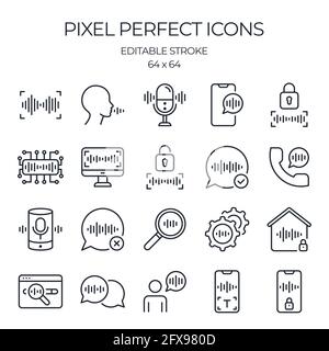 Voice recognition technology editable stroke outline icons set isolated on white background flat vector illustration. Pixel perfect. 64 x 64. Stock Vector