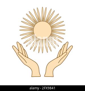 Mystical drawing, woman hands hold the sun. Circle of a phase of the moon. Sacred geometry. Stock Vector