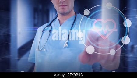 Composition male surgeon touching heart medical icon and network of connections Stock Photo