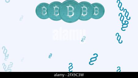 Composition of blue bitcoins and paragraph symbols on white background Stock Photo