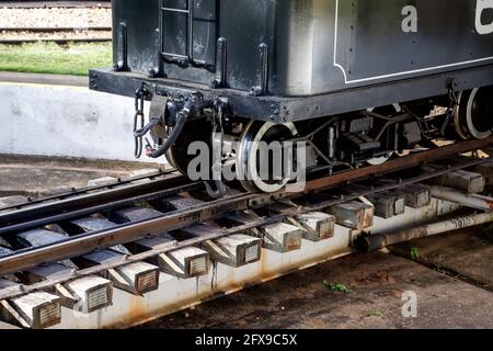 Minas Gerais, Brazil - May 25, 2019: gauge detail on locomotive maria fumaca in movement at the station of the historic city Tiradentes, interior of M Stock Photo